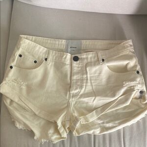 One Teaspoon Cream Jean Shorts Distressed Raw-Edge